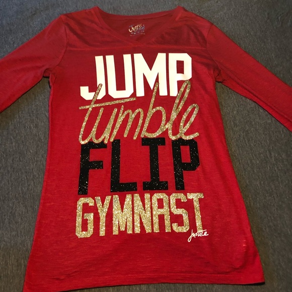 red shirt with white writing